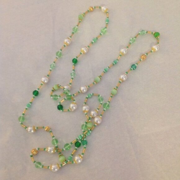 Green, White & Gold Necklace 38" long, never worn, OOAK handcrafted jewelry - Picture 1 of 9